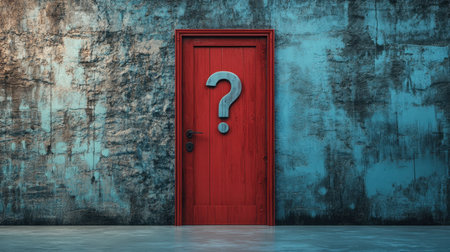 A striking red door featuring a question mark stands against a textured blue wall, inviting viewers to ponder the mystery behind this intriguing entrance.の素材