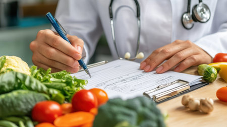 Nutritionist writing a healthy eating plan with fresh vegetables in the foreground, emphasizing nutrition and balanced meal planningの素材