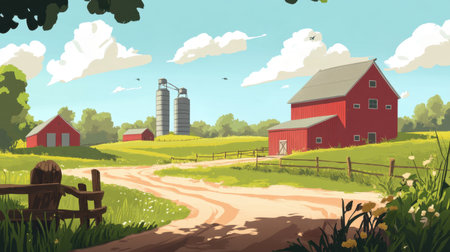This vibrant illustration depicts a serene farm landscape featuring red barns, silos, and lush greenery. The open sky and dirt road create an inviting scene that evokes tranquility.の素材