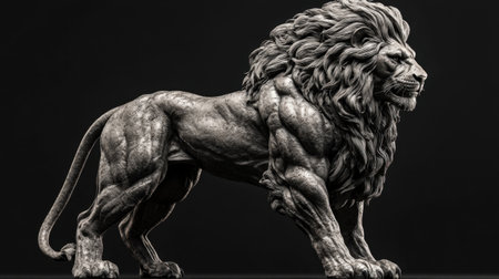 A stunning stone lion sculpture showcasing intricate details in the mane and muscular structure, representing strength and majesty in art and nature.の素材