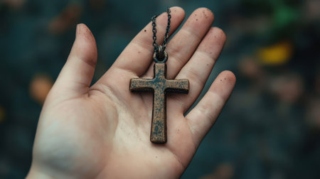 A close-up view of a hand holding an antique rustic cross pendant, highlighting its unique texture and intricate design against a blurred background.の素材