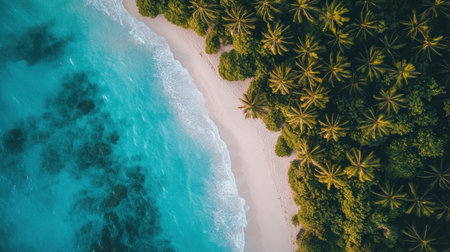 Discover a captivating aerial view of a tropical beach surrounded by lush palm trees and crystal-clear waters, perfect for relaxation and adventure.の素材