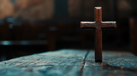 A beautifully crafted wooden cross rests on a rustic table, capturing the essence of faith and spirituality. The serene church interior provides a tranquil backdrop, inviting reflection and contemplation.の素材