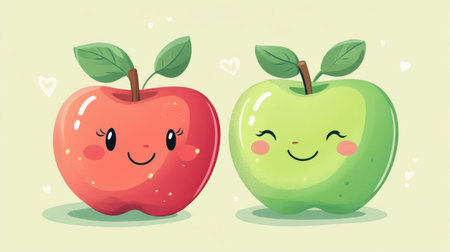 This delightful illustration features two cheerful cartoon apples, one red and one green, with smiling faces and leaves, perfect for children themes.の素材