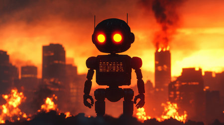 A striking silhouette of a futuristic robot stands against a fiery city skyline engulfed in flames, embodying a dramatic contrast of technology and destruction.の素材