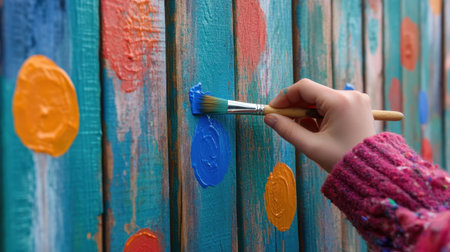 A vibrant hand painting with a brush on a wooden surface, showcasing creative expression and joyful artistry. Perfect for creative projects or DIY inspiration.の素材