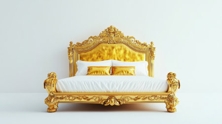 This image showcases a luxurious gold bed frame paired with elegant white bedding. The ornate design and plush accents create an inviting atmosphere suitable for upscale interiors.の素材