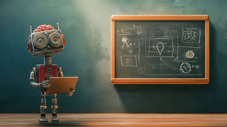 A quirky robot teacher stands in a classroom, holding a tablet. The chalkboard displays educational concepts, celebrating innovation and creativity in learning.の素材