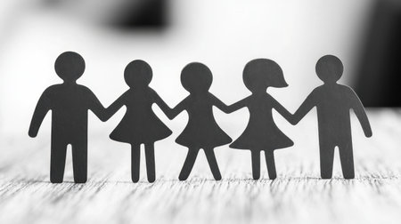 Five simplistic human figures hold hands in a black and white composition, symbolizing unity, friendship, and togetherness in a creative and minimalist design.の素材