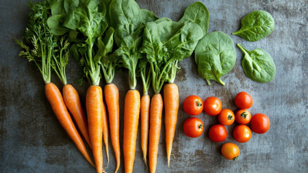 Nutritionist creating a healthy eating plan while fresh vegetables like carrots, spinach, and tomatoes are placed on the tableの素材