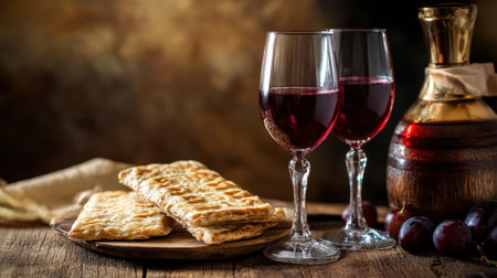 A stylish arrangement featuring two glasses of red wine, golden crackers, and fresh grapes on a rustic wooden table, perfect for a cozy gathering.の素材