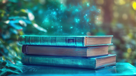 A captivating image of a stack of books with a magical glow, set in a lush green environment. This enchanting scene invites imagination and inspires a love for reading.の素材