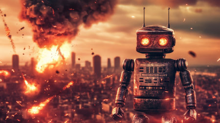 A striking robot stands amid a chaotic war zone, surrounded by explosions and rising smoke. The dramatic scene captures a blend of technology and destruction, evoking a sense of tension. Ideal for themes of conflict and futuristic imagery.の素材