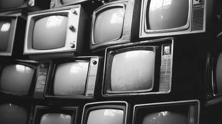A captivating black and white image of vintage television sets stacked artistically, displaying the essence of retro media culture, perfect for nostalgia and design themes.の素材