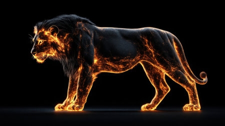 A striking image of a lion glowing with flames, symbolizing power and majesty, set against a dark background. Perfect for artistic designs and wildlife themes.の素材