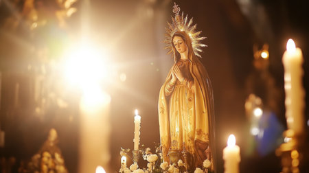 A serene religious statue bathed in soft light, surrounded by glowing candles. This image conveys tranquility, faith, and a deep sense of spirituality.の素材
