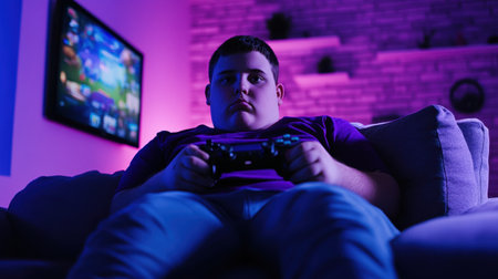 A young male gamer sits on a couch, holding a video game controller while immersed in a vibrant gaming session. The colorful lights create an energetic atmosphere.の素材