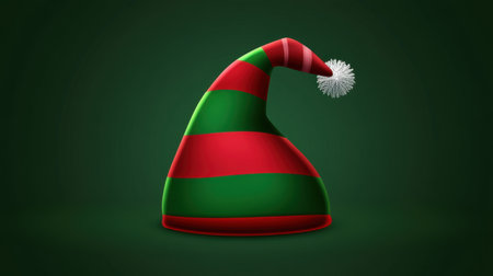 Cheerful Christmas elf hat featuring a vibrant red and green striped pattern with a fluffy pom pom. Perfect for festive celebrations and holiday cheer.の素材