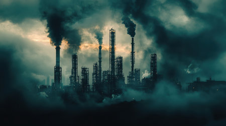 An industrial complex featuring numerous smokestacks silhouetted against a dramatic sky. The scene captures the impact of pollution on the environment.の素材