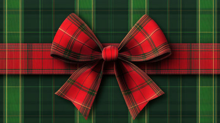 Vibrant red and green plaid design features a large festive bow, perfect for adding to holiday themes, gift wrapping, and seasonal celebrations.の素材