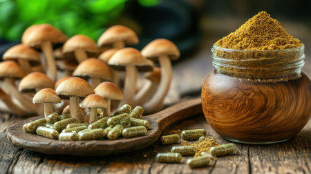 A beautiful arrangement of fresh mushrooms, herbal capsules, and powder on a rustic wooden table, showcasing the vibrant colors and natural textures of wellness ingredients.の素材