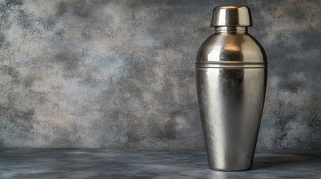 A sleek silver cocktail shaker is prominently displayed against a textured gray background, ideal for bar-related themes and drink preparation concepts.の素材