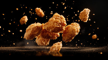 A stunning image showcasing multiple crispy fried chicken pieces suspended in mid-air, highlighting their golden-brown texture against a dark background. Perfect for food enthusiasts.の素材