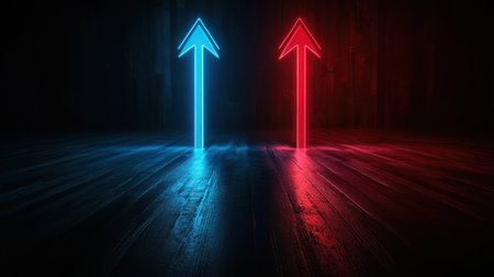This captivating image features two neon arrows, one blue and one red, glowing against a dark background, symbolizing direction and guidance in a modern aesthetic.の素材