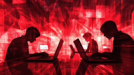 Two individuals are focused on their laptops, creating a striking silhouette against a vibrant red digital backdrop. The scene illustrates modern computing and technology use.の素材