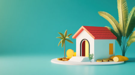 This vibrant illustration showcases a colorful model house surrounded by coins and palm trees, perfect for themes of investment, savings, and a fresh lifestyle.の素材