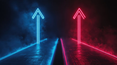 A striking image featuring neon arrows illuminated in blue and red hues amidst fog. The contrasting colors and eerie setting create a captivating, futuristic atmosphere perfect for various creative projects.の素材
