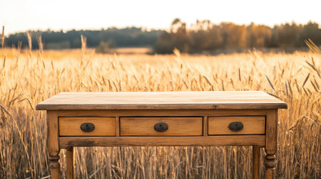 A rustic wooden table stands elegantly in a golden wheat field at sunset. The warm light enhances the serene countryside, creating a peaceful outdoor scene.の素材