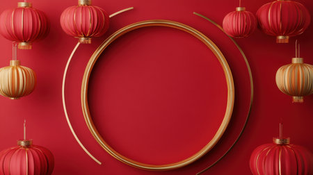 A visually appealing arrangement featuring red lanterns and a circular frame on a vibrant red background, ideal for festive celebrations and creative projects.の素材