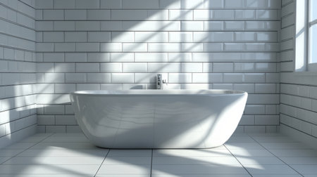 A bright and spacious minimalist bathroom featuring a stylish freestanding bathtub. Soft sunlight casts elegant shadows on the white tiles, enhancing relaxation.の素材
