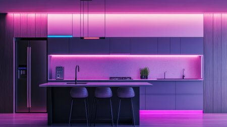 A sleek modern kitchen featuring vibrant neon lights and stylish bar stools. The balanced design creates a contemporary atmosphere perfect for home cooking and entertaining.の素材