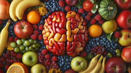 A vibrant and artistic display of assorted fruits surrounding a brain-shaped centerpiece. This unique arrangement symbolizes health, creativity, and nutrition.の素材