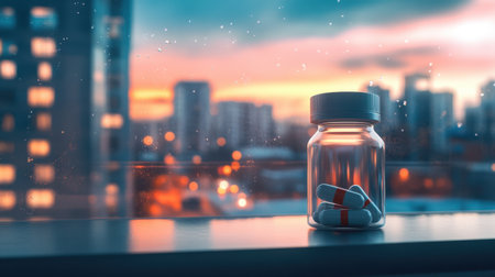 A glass jar filled with capsules sits on a windowsill, overlooking a vibrant city skyline during sunset. The warm and cool tones create an atmospheric scene.の素材