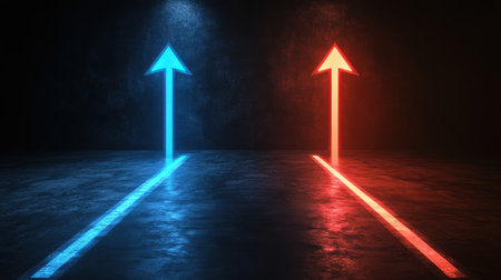 Two glowing arrows, one red and one blue, pointing upward on contrasting paths against a dark background, symbolizing choices and growth.の素材