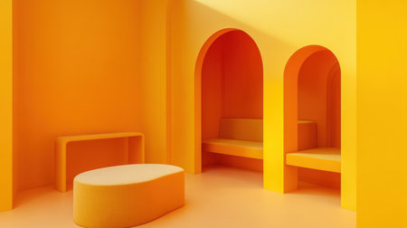 This vibrant yellow interior showcases a playful and modern design, featuring soft seating and elegant arches that create an inviting and unique ambiance.の素材