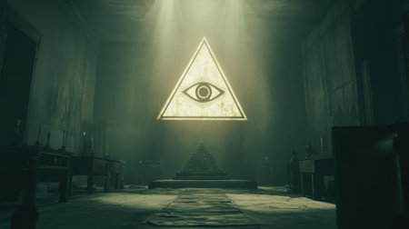 An eerie scene featuring a large triangle symbol with an eye, illuminated in a dark, abandoned room. The atmosphere evokes mystery and intrigue, hinting at hidden meanings.の素材
