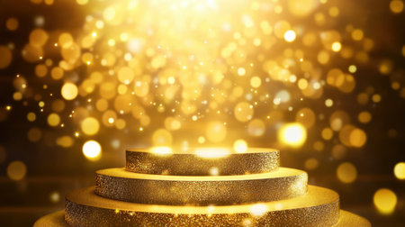 A stunning golden stage surrounded by sparkling lights, perfect for celebrating achievements. Ideal for awards, events, and festive occasions.の素材