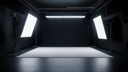 A spacious, empty photography studio featuring professional lighting setups against a striking black background, perfect for creative projects and photoshoots.の素材