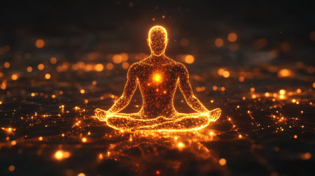 A mesmerizing image of a meditating figure illuminated by glowing particles, symbolizing spirituality and inner peace in a tranquil and cosmic setting.の素材