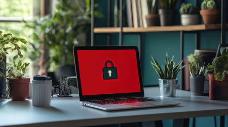 A modern workspace featuring a laptop displaying a lock icon on a red background, surrounded by lush plants, symbolizing digital security and privacy in a serene office environment.の素材