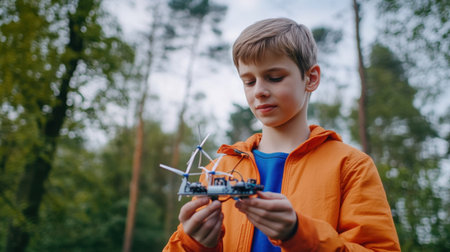 A young boy enjoys exploring the forest with a toy helicopter, showcasing his curiosity and connection to nature. The scene highlights childhood wonder and exploration.の素材