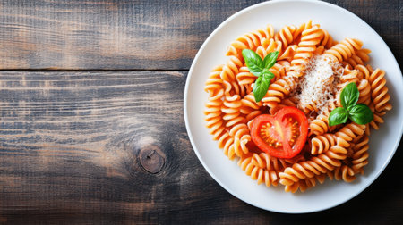 A vibrant plate of fresh pasta with tomato, basil, and grated cheese on a rustic wooden table, perfect for showcasing delicious Italian cuisine and meals.の素材