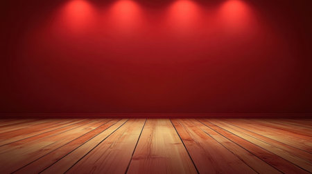 This image features a vibrant red wall paired with a wooden floor, illuminated by dramatic lighting fixtures. The minimalist design creates a warm and inviting atmosphere suitable for various creative concepts.の素材