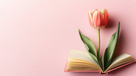 An artistic arrangement featuring an open book with a vibrant tulip flower on a soft pink background. Perfect for themes of knowledge and creativity.の素材