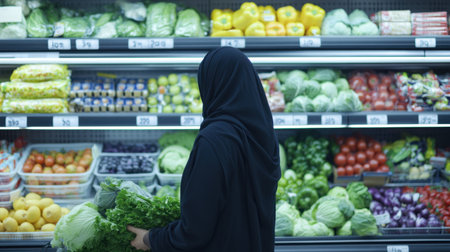 Young Muslim woman in a stylish hijab shopping in a modern supermarket, examining fresh produce and groceriesの素材