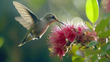 A stunning close-up of a hummingbird feeding on a vivid red flower, showcasing the intricate details of nature and vibrant colors in a serene outdoor setting.の素材
